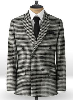 In black and white, the double breasted tweed blazer boasts a heritage inspired houndstooth check design for a modern take on a menswear classic. Wear this statement-making design with its matching trousers, a white crew-neck t-shirt and black boots for a novel take on a tailored look. 
 
 Look Includes  Big Houndstooth BW Tweed Fabric  Double Breasted Jacket Style  Peak Lapel  Real Horn Royal Buttons  Single Vent  Three Cuff Buttons   
 You can change the look during customization if required. Male Fashion Clothes, Grey Tweed Suit, Suits For Wedding, Herringbone Tweed Jacket, White Linen Suit, Green Velvet Jacket, Peaky Blinders Suit, Royal Blue Suit, Light Grey Suits