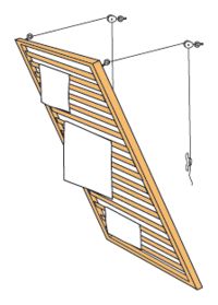 a drawing of a wooden ladder with three pictures hanging from the top and two hooks on each side