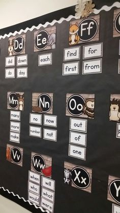 a bulletin board that has different types of words on it and is decorated with black and white paper