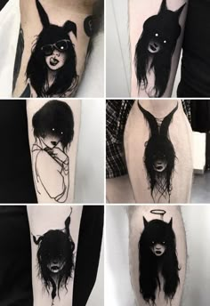 several different tattoos on the legs of people with black and white ink, including an image of a demon's head