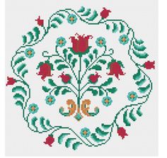 a cross stitch pattern with flowers and leaves in the center on a white background,