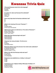 the kwana trivia quiz is shown in red and green with candles on it