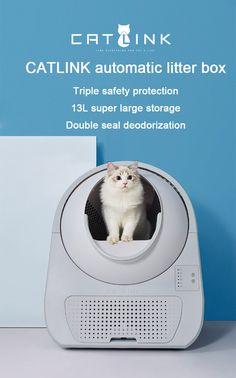 a white cat sitting in a litter box with caption that reads, catlink automatic litter box triple safety protection