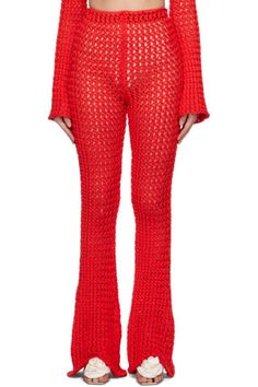 Moschino: Red Crocheted Lounge Pants | SSENSE Knitted Pants, Knitted Swimsuit, Bodysuit Blouse, Moschino Cheap And Chic, Suit Shirts, Diy Sewing Clothes, Sleepwear & Loungewear, Lounge Pants, Sewing Clothes