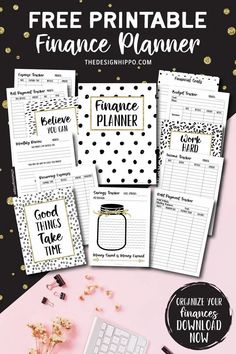 the printable finance planner is shown with gold confetti and black polka dots