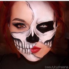 Not your average half skull Half Face Halloween Makeup, Maquillage Harry Potter, Halloween Maquillage, Catrina Costume, Makeup Clown, Halloweenský Makeup, Halloween Make-up Looks, Holloween Makeup, Creepy Halloween Makeup