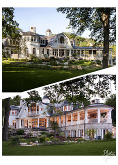 two different views of a large white house in the middle of trees and lawn area