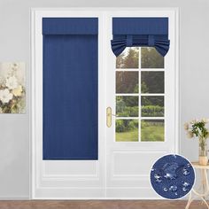 the front door is decorated in blue and white with an open window that has roman shades on it