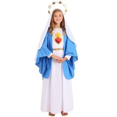 This Nativity Costume is perfect for plays or just holiday celebrations. The dress has an elastic waistband and a back zipper. On top of that is a shawl that can be draped as desired. The veil is shaped to sit on the head without requiring pins. Also included is a braided belt, halo, and a printed felt Sacred Heart medallion. Virgin Mary Costume, Mary Costume, Saint Costume, Small Veil, Nativity Costumes, Veil Length, Blue Shawl, Dress With Shawl, Large Dress