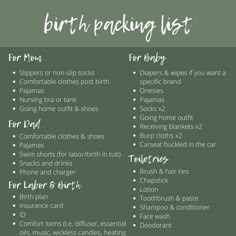 the birth packing list is shown on a chalkboard with white writing and green background