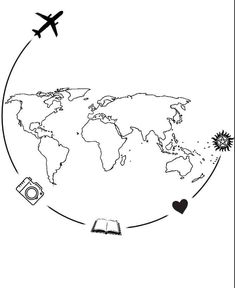 an airplane flying over the earth with books and other things around it