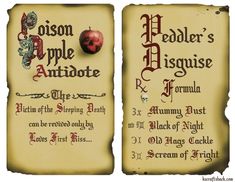 two old - fashioned posters with an apple and the title page in red on them