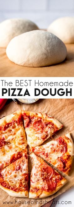 the best homemade pizza dough is on a cutting board and ready to be cut into slices