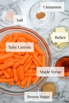 carrots, baby carrots, maple syrup and cinnamon butter in bowls on a marble countertop