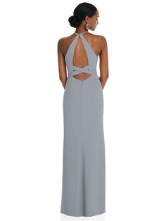 A Chic Halter Neckline And Slitted Trumpet Skirt Emphasize The Understated Elegance Of This Crepe Maxi Dress. A Beautiful Choice For A Wedding Party Or A Formal Event, The Dress Shows Off A Sexy Open Back With A Crisscross Accent That Becomes The Belt That Ties This Pretty Package Up With A Bow. Shown In Platinum. Cross Cutout, Crepe Maxi Dress, Dessy Collection, Trumpet Skirt, Infinity Dress, Wedding Bridal Party, Bridal Party Dresses, Dress Order, Stretch Satin