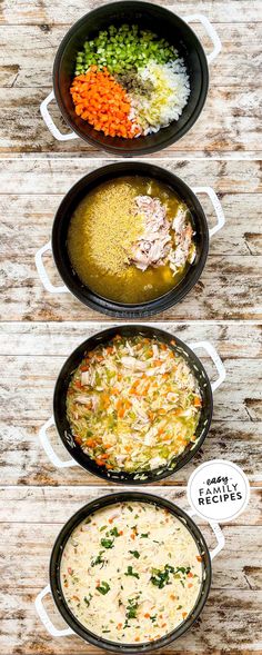 four pans filled with different types of food on top of a wooden table next to each other