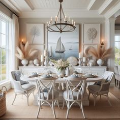 a dining room table with chairs and a chandelier