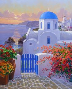 an oil painting of a blue domed building by the ocean with flowers in pots and potted plants