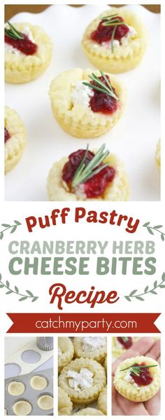 puff pastry cranberry herb cheese bites recipe with text overlay that reads puff pastry cranberry herb cheese bites recipe