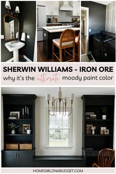 the kitchen and dining room are all painted black with white trim, including shelving williams iron ore