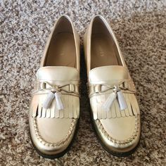 Nwot - Brand New, Never Worn Tassel Covers Are Still In Place. Purchased From Talbots. Gold Metallic Loafers In 2024 Talbots Catalog - Laura Metallic Loafer. Sold - Out Online. Smoke-Free, Pet Friendly Home Classic Semi-formal Tassel Loafers, Classic Tassel Slip-on Loafers, Classic Gold Slip-on Loafers, Gold Slip-on Loafers With Rubber Sole, Classic Gold Almond-toe Loafers, Metallic Loafers, Asics Running Shoes, Swim Shoes, Levi Jeans 501