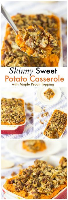 a collage of photos showing how to make sweet potato casserole with maple pecan topping