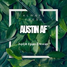 green leaves with the words austn af in white frame on top of them