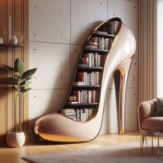 a high heeled shoe shaped book shelf in a living room