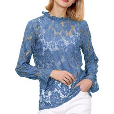 Elevate your layering game with the Layering Lace Puffed Sleeve Sheer Top, perfect for adding a touch of femininity to any outfit. This sheer lace top is designed to be layered over a tank or bralette, creating a stylish and versatile look. Scalloped Lace Tops, Long Sleeve Scalloped Lace Blouse For Spring, Spring Long Sleeve Blouse With Scalloped Lace, Lace Tops With Ruffles, Chic Lace Tops For Layering, Spring Party Blouse With Scalloped Lace, Chic Lace Patchwork Tops For Fall, Spring Scalloped Lace Top, Spring Lace Top For Layering With Lace Patchwork