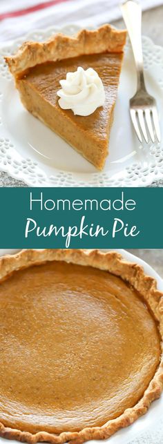 homemade pumpkin pie on a white plate with a fork and blue border in the background