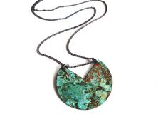 Brass has been oxidized with our own unique patina process.  This necklace is part of the El Mar Patina Collection which is inspired by the beautiful beaches of Mexico.  Necklace hangs from oxidized sterling silver chain 16”-18”.Measurement:1.25”Please not that the patina process is an organic process and shades of color will vary.  All of our items are HANDMADE and made to order and may take up to approx. 2 weeks to fabricate (not including shipping time).  During the holiday season fabrication Mixed Metal Jewelry, Copper Cuff, Upcycled Jewelry, Circle Necklace, Enamel Jewelry, Oxidized Sterling Silver, Jewelry Maker, Copper Jewelry, Sterling Silver Chain