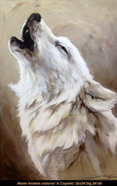 a painting of a white dog with its mouth open and eyes closed, looking up at the sky