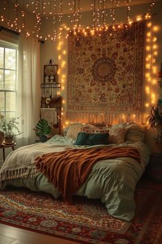 a bedroom with lights strung from the ceiling