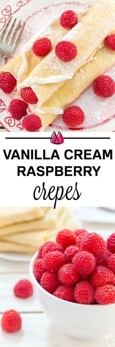 vanilla cream raspberry crepes with powdered sugar and fresh raspberries