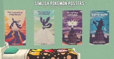 there are three posters on the wall in this room, each depicting different pokemons