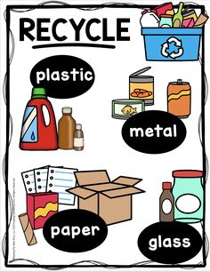 a poster with the words recycle, plastic and metal in black letters on it