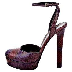 Gucci Worn Twice Markings to Soles Only From Gucci's 90th anniversary Fall Runway show, Frida Giannini cited her influence was Anjelica Huston $2425 * Python Heels * Rare Ad Runway Heels * Size: 36.5 * Purple & Orange Snakeskin Python Throughout * Adjustable Ankle Strap Heels: 5.5" Platforms: 1" * With Gucci Box Runway Heels, Black Sock Boots, Burberry Boots, Century Shoes, Chic High Heels, Anjelica Huston, Ballerina Heels, Gucci Pumps, Fall Runway