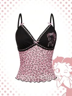 Women's Cartoon Character Rhinestone Pattern Heart Leopard Print Color Block Cami Top For Summer Black Casual,Sexy   Fabric Colorblock,Leopard Print,All Over Print Cami High Stretch  Women Clothing, size features are:Bust: ,Length: ,Sleeve Length: Heart Leopard Print, Heart Leopard, Karakter Disney, Looks Party, Pink Leopard Print, Plus Size Tank Tops, Really Cute Outfits, Inspiration Mode, Dream Clothes