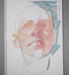 a watercolor painting of a man's face with his eyes closed and one eye open