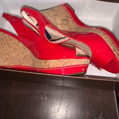 Red Patent Leather Wedge Shoes, Never Worn Still In Box. Red High Heel Wedge Sandals For Formal Occasions, Chic Red Wedge Sandals For Formal Occasions, Red Synthetic Wedge Heels, Chic Red Formal Wedge Sandals, Formal Red High Heel Wedge Sandals, Red Round Toe Wedge Sandals For Formal Occasions, Red Leather Wedge Sandals For Party, Shoes Color, Womens Shoes Wedges