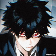 an anime character with black hair and red eyes