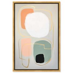 an abstract painting with white, black, and green shapes in gold framed on a wall