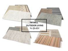 four different types of outdoor living rugs with text overlaying the top and bottom