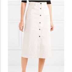 Brand New Women's Midi Skirt By Goldsign Retail Price $295 Size 32 Waist: 32" Length Measured Back To Bottom: 32" * White Denim; 100% Cotton * 5 Pockets * Gold Logo Button Front Please Let Me Know If You Have Any Additional Questions And Feel Free To Check Out My Other Listings. Thanks! 40200 Chic White Denim Skirt For Work, White Midi Skirt With Buttons, White Buttoned Midi Skirt, White Midi Skirt With Button Closure, White Skirt With Button Closure For Work, Button Front Midi Skirt, White Jean Skirt, Button Down Denim Skirt, Midi Denim Skirt