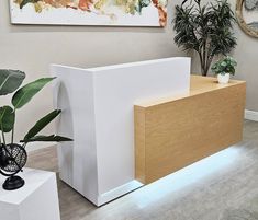 a white reception table with two planters on it in front of a large painting