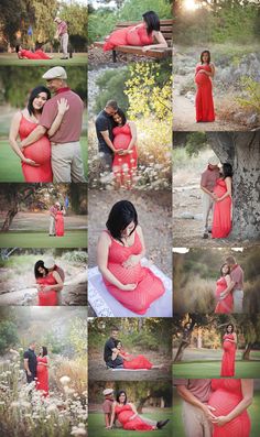 a couple is posing for pictures in the park with each other and holding their pregnant baby