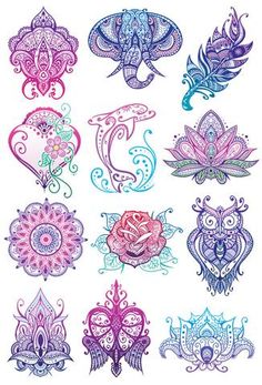 an assortment of different colored paisley designs on white paper with blue, pink and purple colors