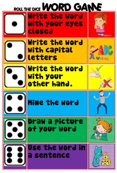 roll the word game with four dices and two words on each side, in different colors