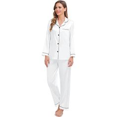 Experience the epitome of comfort and style with our Button Closure Elegant Pajamas. These finely crafted pajamas offer a perfect blend of sophistication and relaxation. With button closures for ease, you'll enjoy a peaceful night's sleep in timeless elegance. Specification: Made with Spandex and Polyester Unshrinkable, wrinkle-resistant fabric, always maintains its shape Soft and stretchy material made to be worn all year Lightweight knit provides an elastic waistband for a comfortable feel Machine washable Details: These are the key details and features of the "Button Closure Elegant Pajamas" made of 95% Polyester and 5% Spandex: Material: The pajamas are made from high-quality satin, consisting of 95% Polyester and 5% Spandex. This fabric is known for being ultra-soft, lightweight, comf Relaxed Fit Sleepwear With Buttons For Loungewear, Elegant Cotton Sleepwear, Elegant Cotton Sleepwear For Relaxation, Relaxed Fit Sleepwear With Buttons, White Buttoned Sets For Loungewear, White Buttoned Loungewear Sets, White Button Closure Sleepwear For Loungewear, White Button Closure Sleepwear For Lounging, White Sleepwear With Button Closure