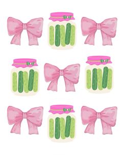 six mason jars with pink bows and green pickles on them, each containing an individual's own name